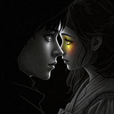 The primary subject of the image is a man and a woman, both with yellow eyes, standing close to each other. They are the main objects in the scene. The setting is a dark room, with the man and woman being the main focus of the image. The visual style is a black and white drawing, giving the image a classic and timeless appearance. The dominant colors are black and white, with the yellow eyes of the subjects adding a touch of vibrancy to the scene. The overall atmosphere is mysterious and captivating